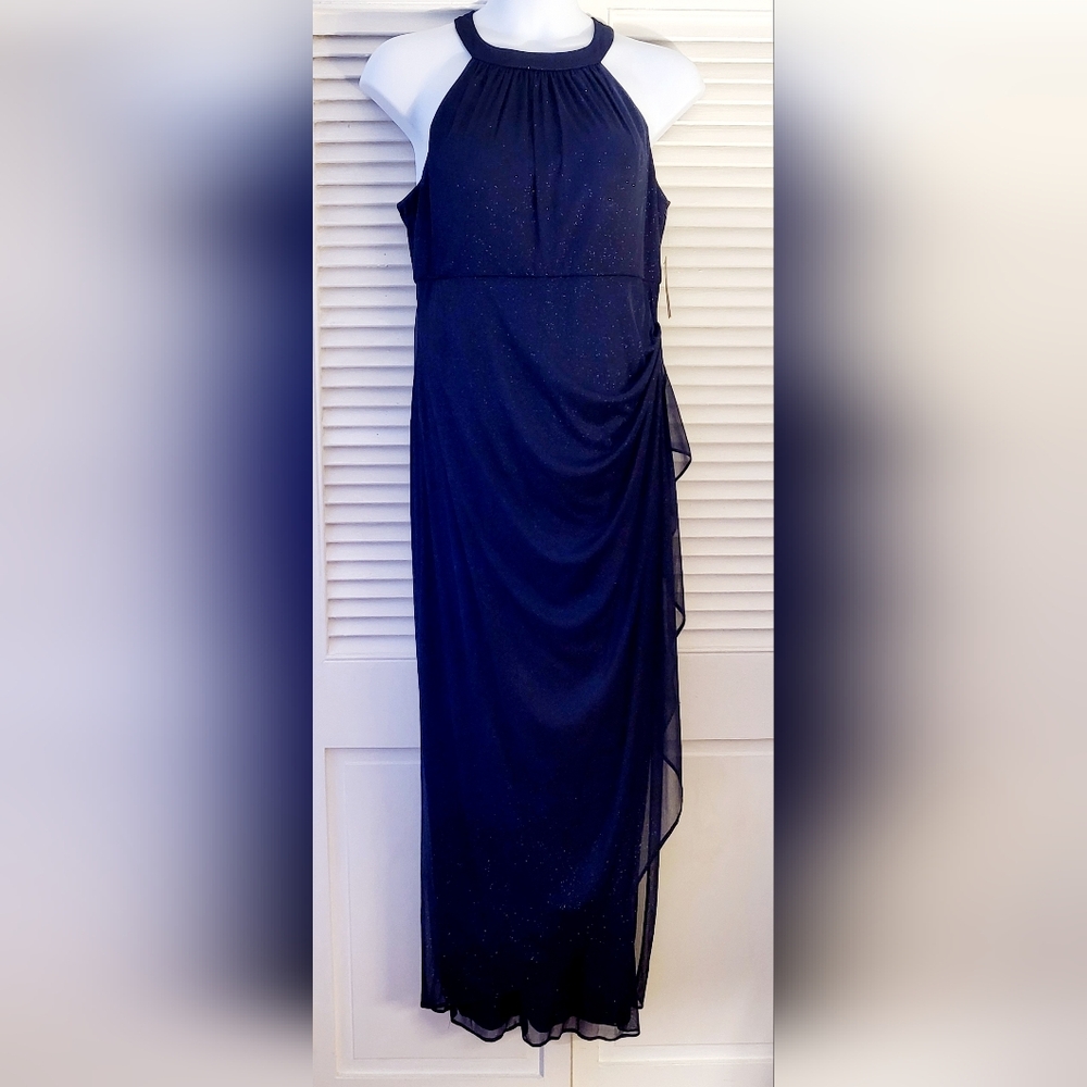 NWT Alex Evenings Womens Halter Dress Sz 18 Blue Mesh Glitter Cascade Maxi Plus